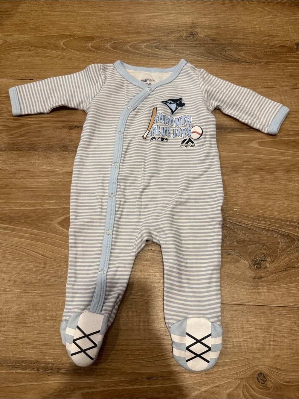 Majestic Toronto Blue Jays Striped Footed One-Piece - Light Blue & White